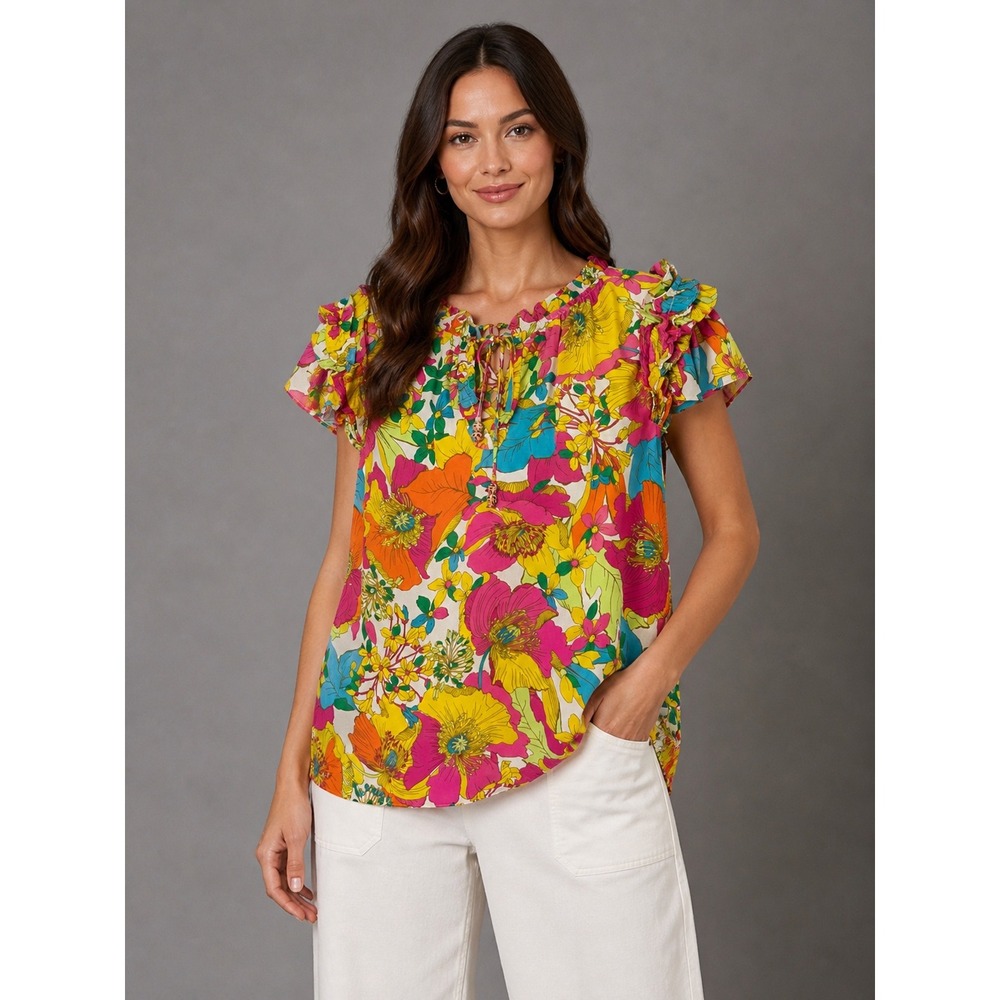Rose & Olive Floral‎ Ruffle Sleeve Boho Top Size M Colorful Cottagecore
